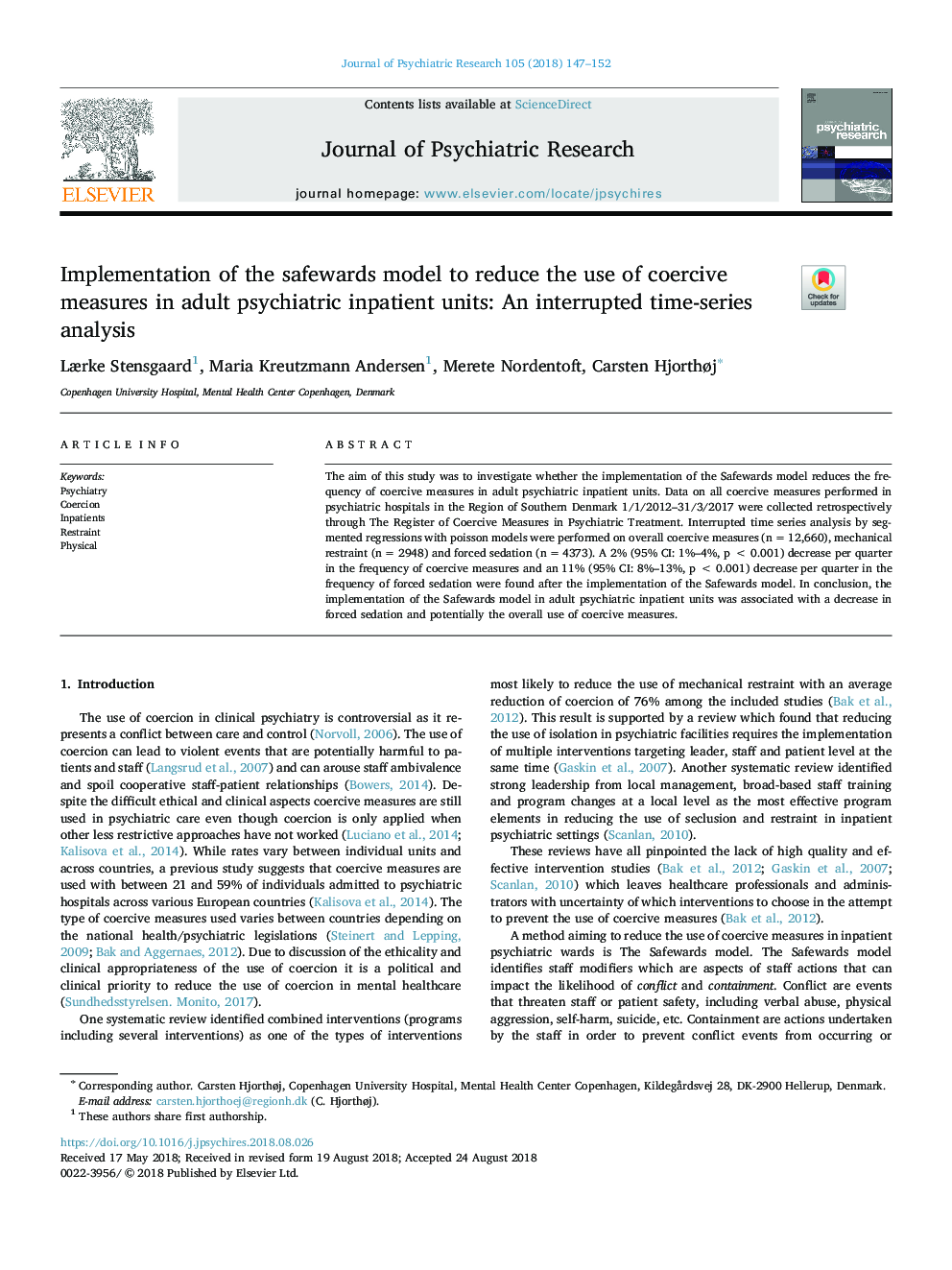 Implementation of the safewards model to reduce the use of coercive measures in adult psychiatric inpatient units: An interrupted time-series analysis