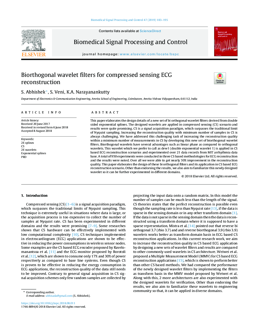 Biorthogonal wavelet filters for compressed sensing ECG reconstruction