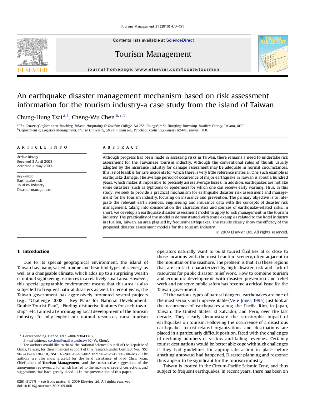 An earthquake disaster management mechanism based on risk assessment information for the tourism industry-a case study from the island of Taiwan