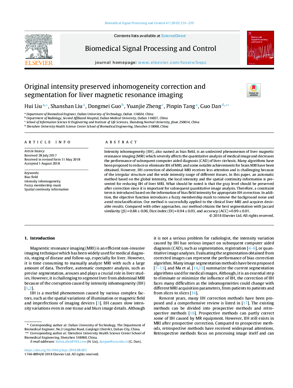 Original intensity preserved inhomogeneity correction and segmentation for liver magnetic resonance imaging
