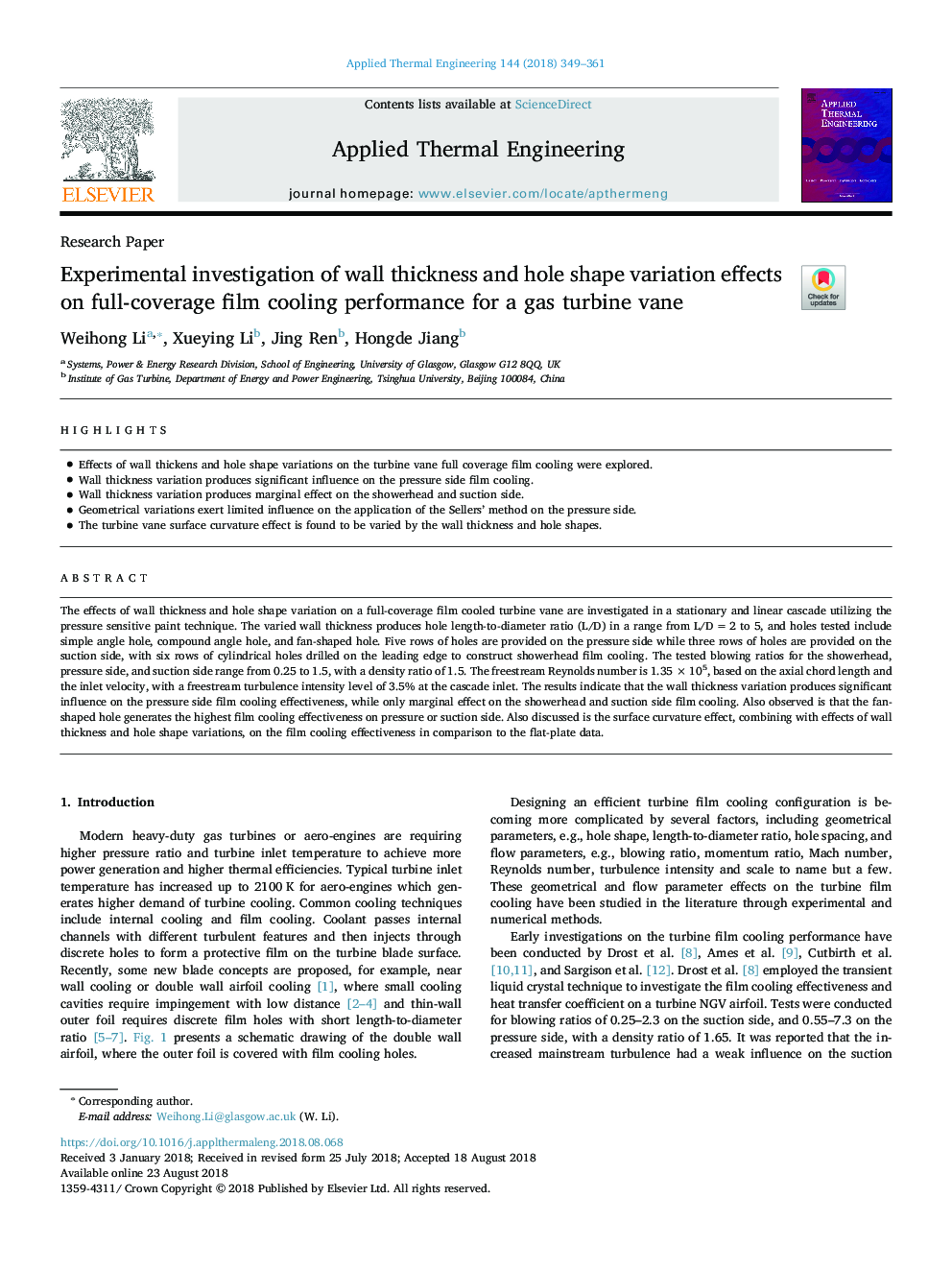 Experimental investigation of wall thickness and hole shape variation effects on full-coverage film cooling performance for a gas turbine vane