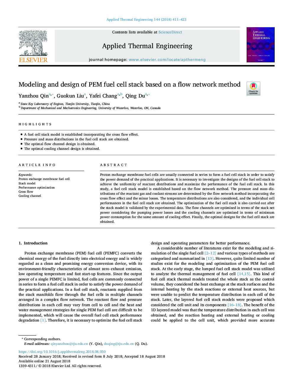 Modeling and design of PEM fuel cell stack based on a flow network method