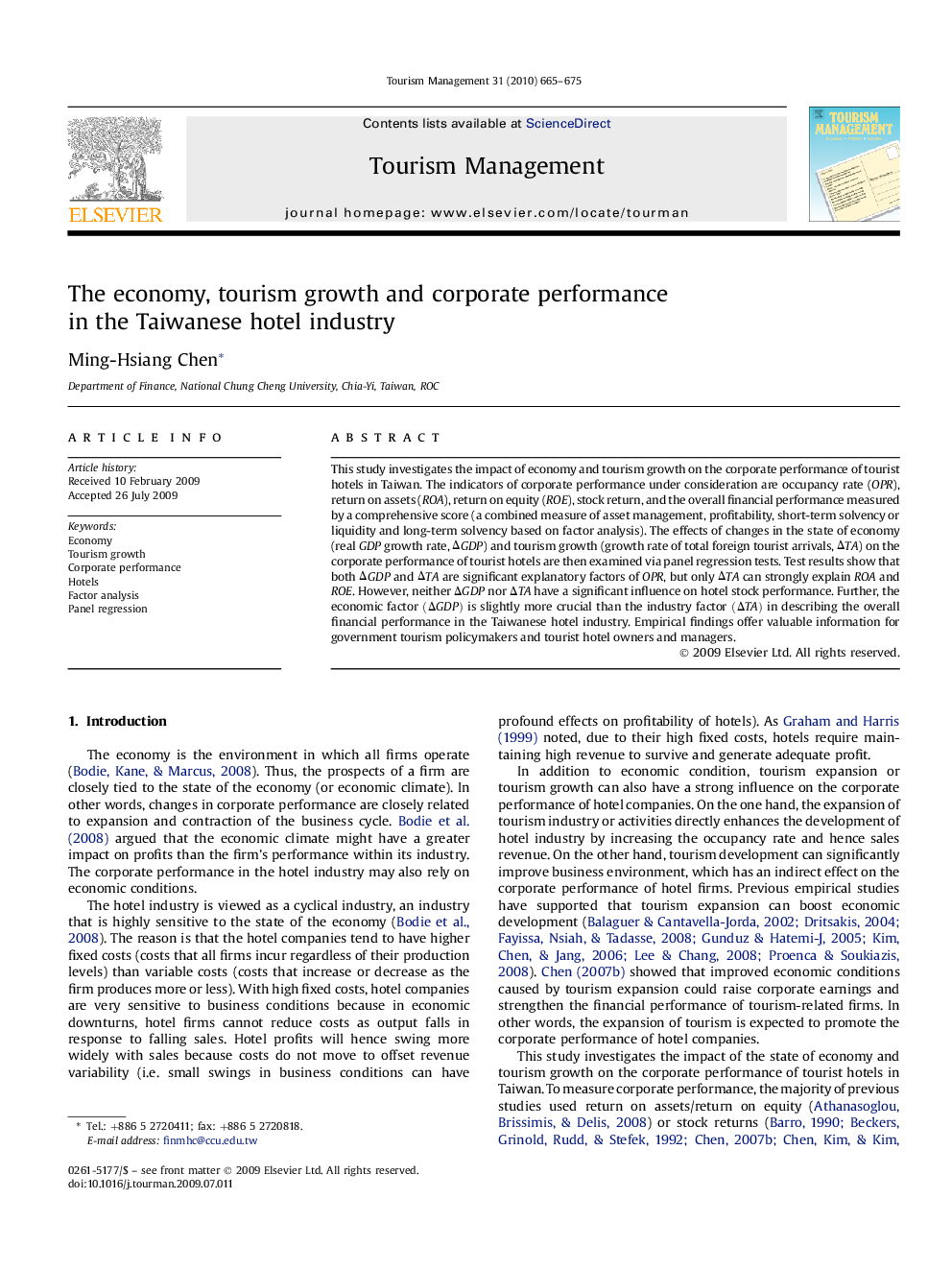 The economy, tourism growth and corporate performance in the Taiwanese hotel industry