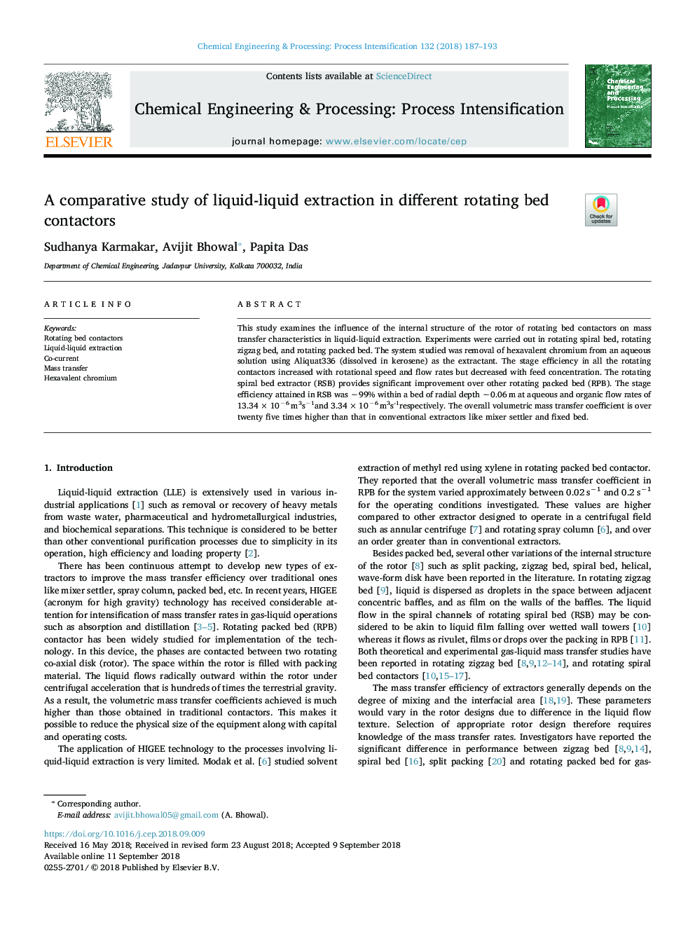 A comparative study of liquid-liquid extraction in different rotating bed contactors