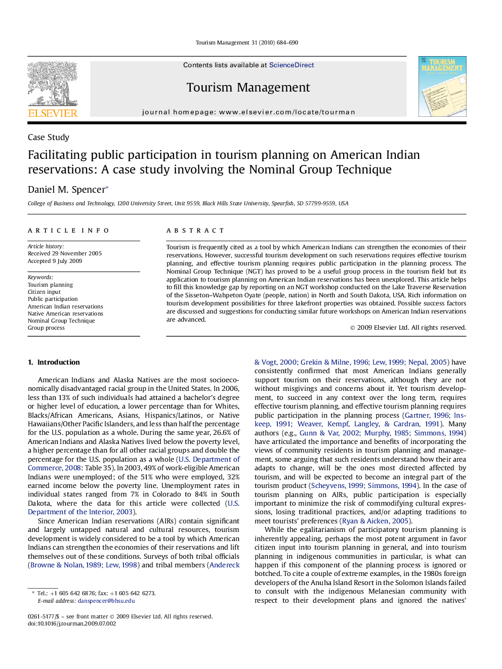 Facilitating public participation in tourism planning on American Indian reservations: A case study involving the Nominal Group Technique