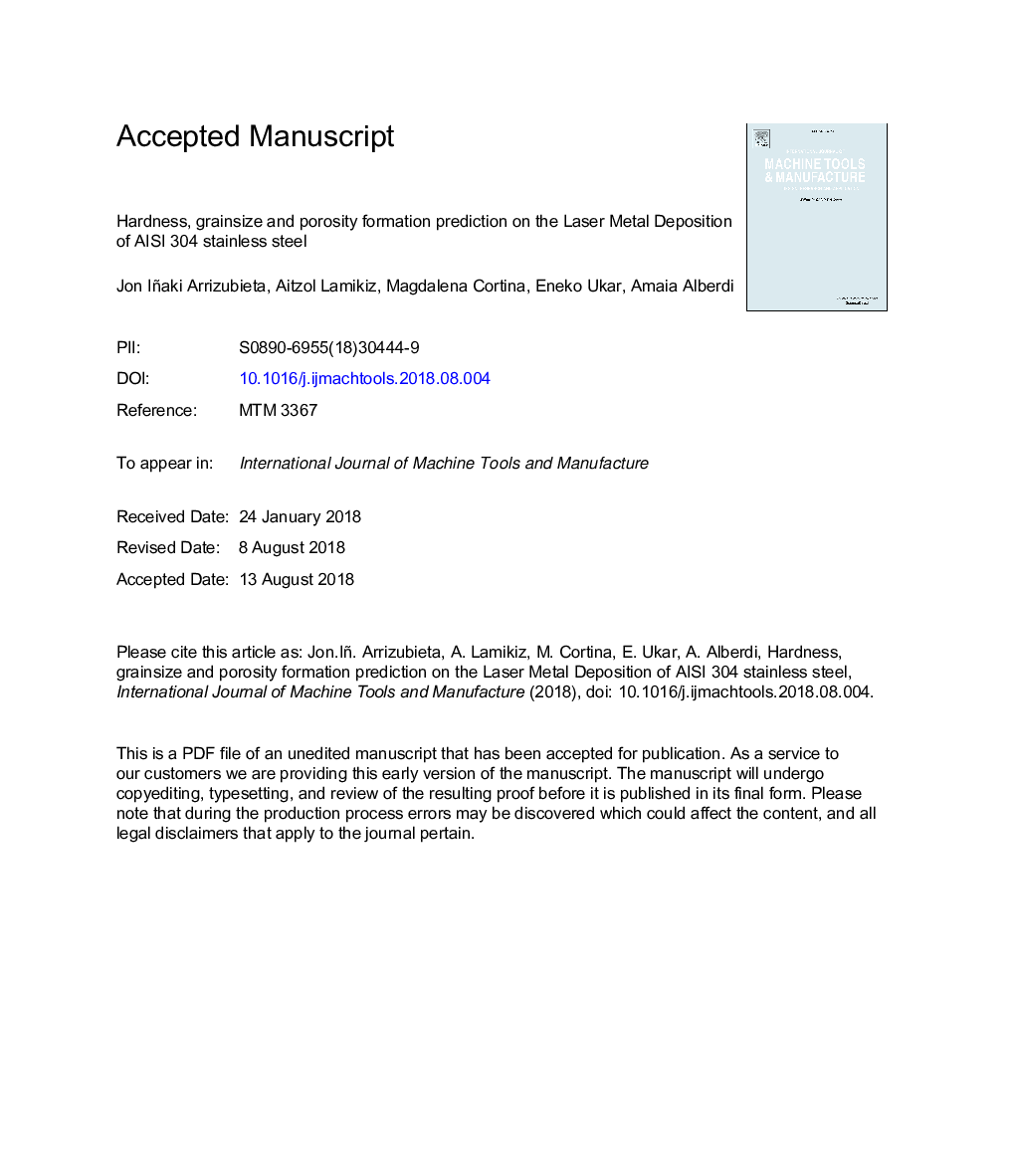 Hardness, grainsize and porosity formation prediction on the Laser Metal Deposition of AISI 304 stainless steel