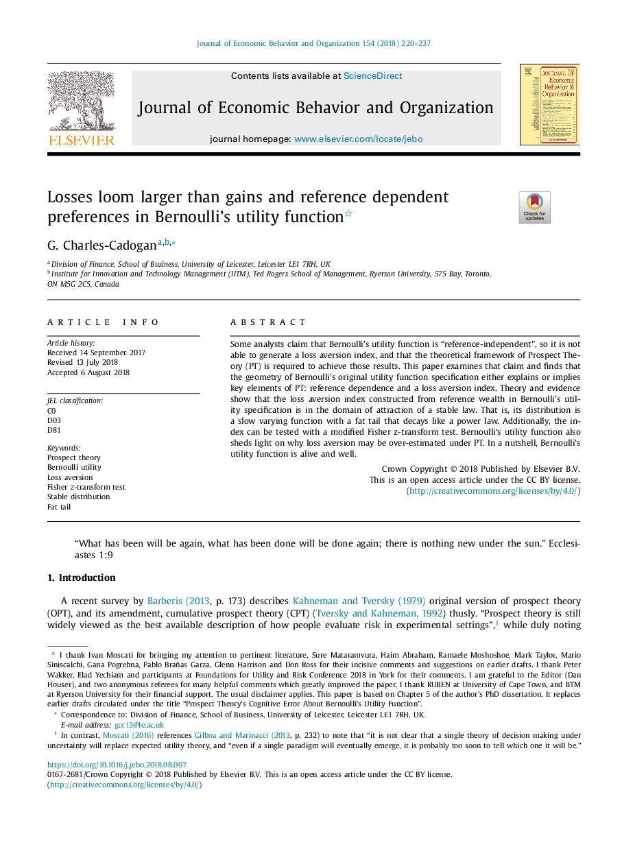 Losses loom larger than gains and reference dependent preferences in Bernoulli's utility function