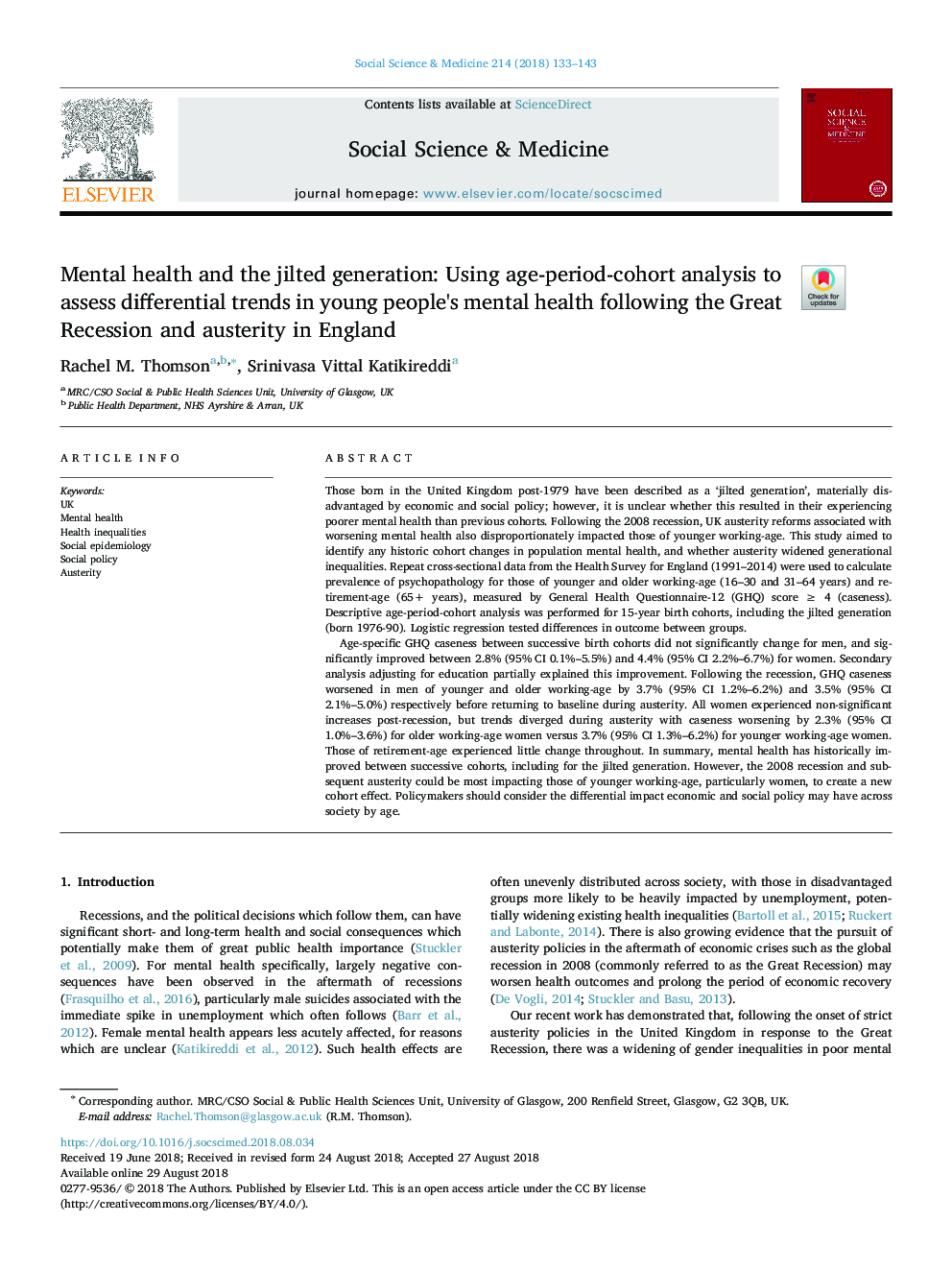 Mental health and the jilted generation: Using age-period-cohort analysis to assess differential trends in young people's mental health following the Great Recession and austerity in England