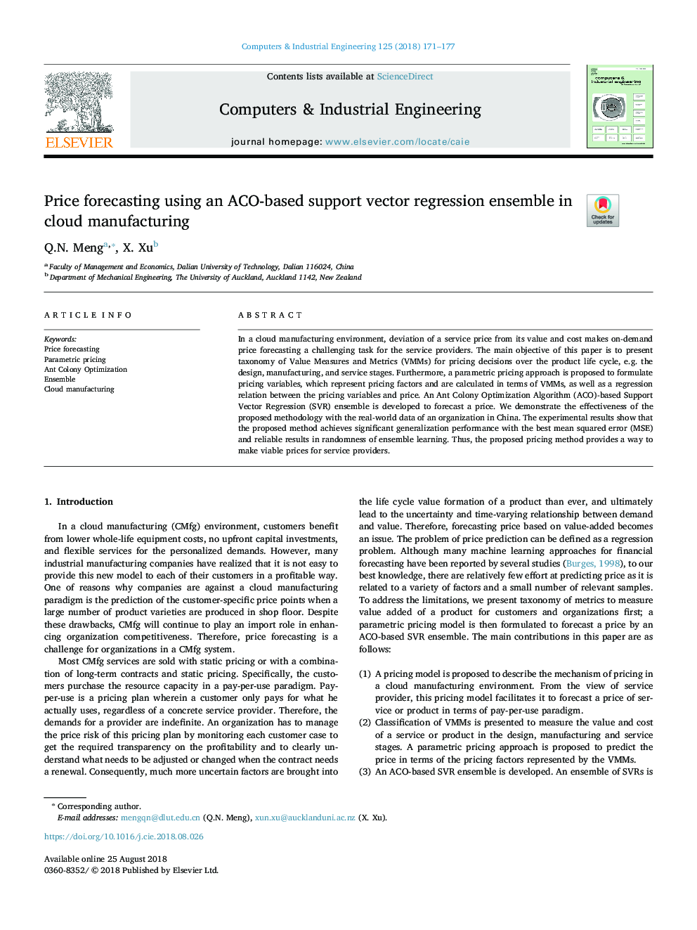 Price forecasting using an ACO-based support vector regression ensemble in cloud manufacturing