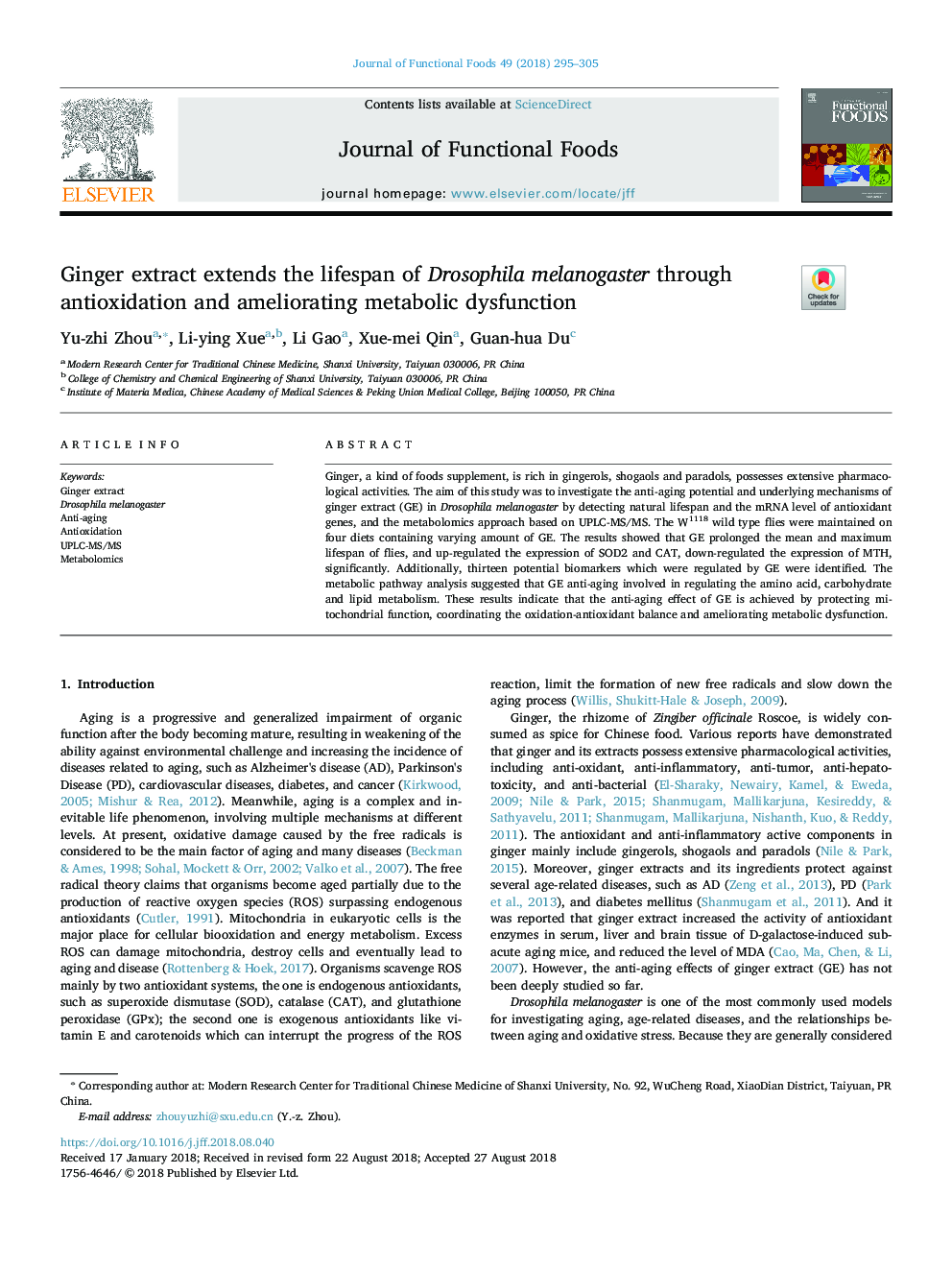 Ginger extract extends the lifespan of Drosophila melanogaster through antioxidation and ameliorating metabolic dysfunction