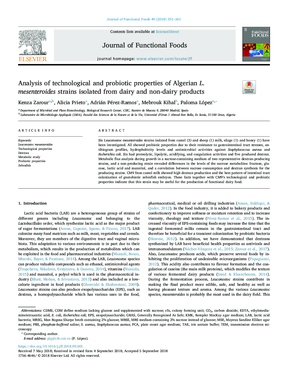 Analysis of technological and probiotic properties of Algerian L. mesenteroides strains isolated from dairy and non-dairy products