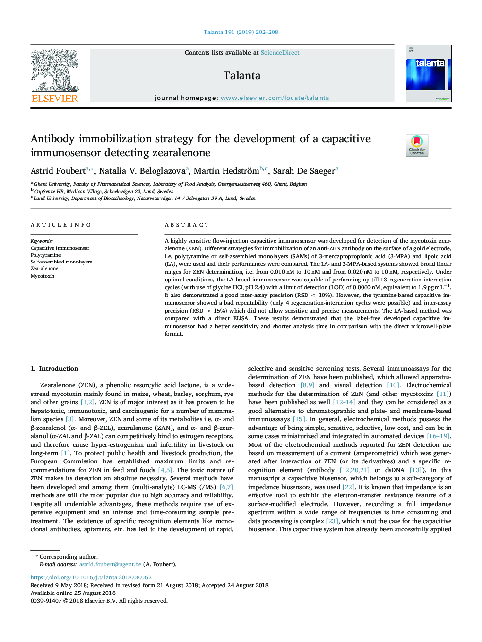 Antibody immobilization strategy for the development of a capacitive immunosensor detecting zearalenone