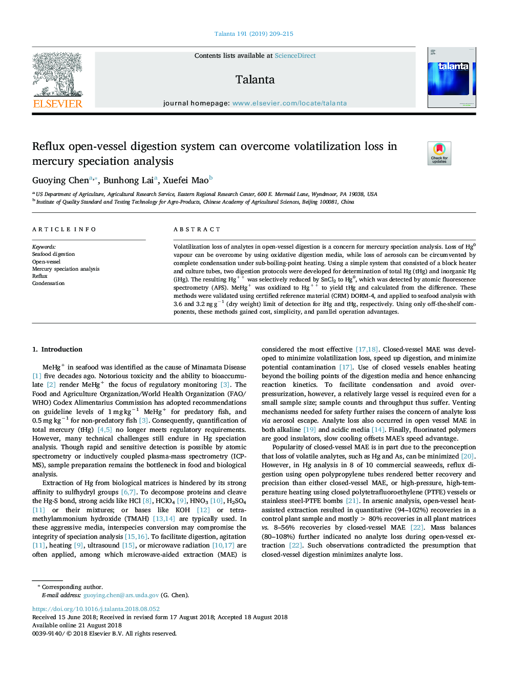 Reflux open-vessel digestion system can overcome volatilization loss in mercury speciation analysis