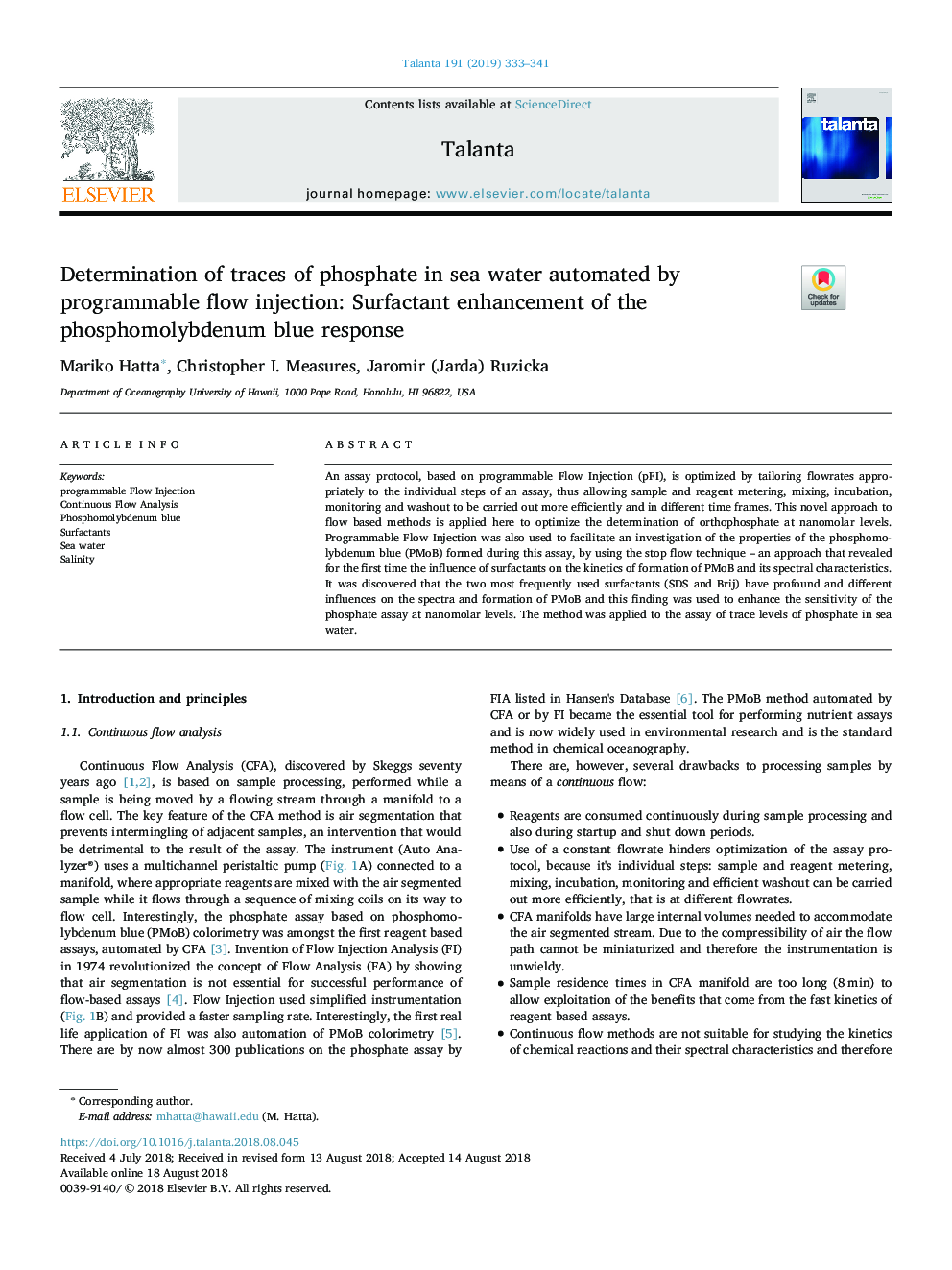 Determination of traces of phosphate in sea water automated by programmable flow injection: Surfactant enhancement of the phosphomolybdenum blue response