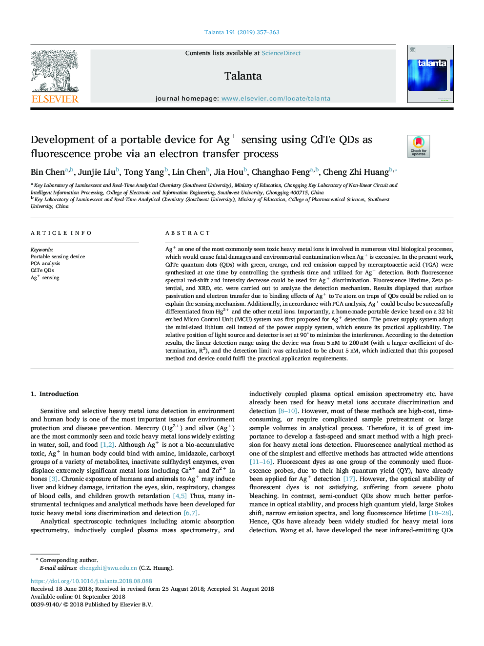 Development of a portable device for Ag+ sensing using CdTe QDs as fluorescence probe via an electron transfer process