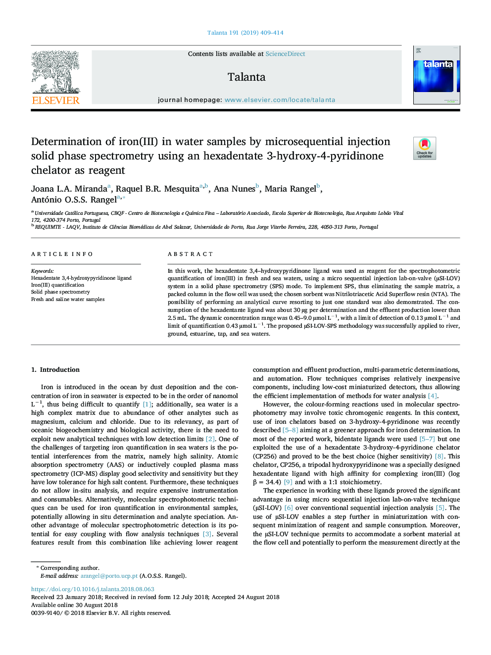 Determination of iron(III) in water samples by microsequential injection solid phase spectrometry using an hexadentate 3-hydroxy-4-pyridinone chelator as reagent