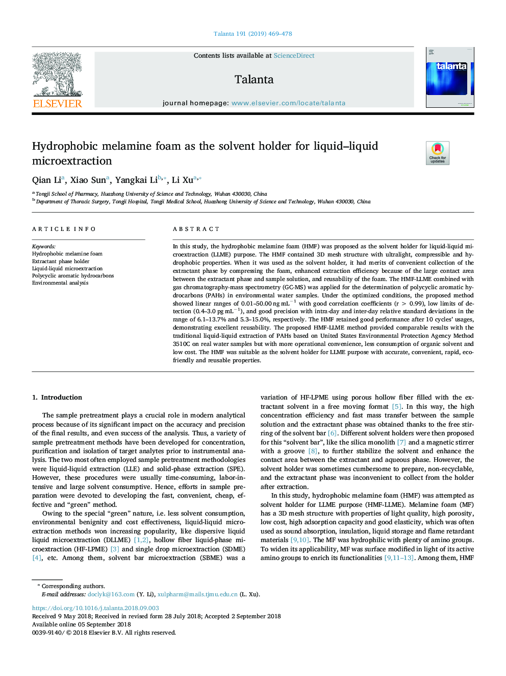 Hydrophobic melamine foam as the solvent holder for liquid-liquid microextraction