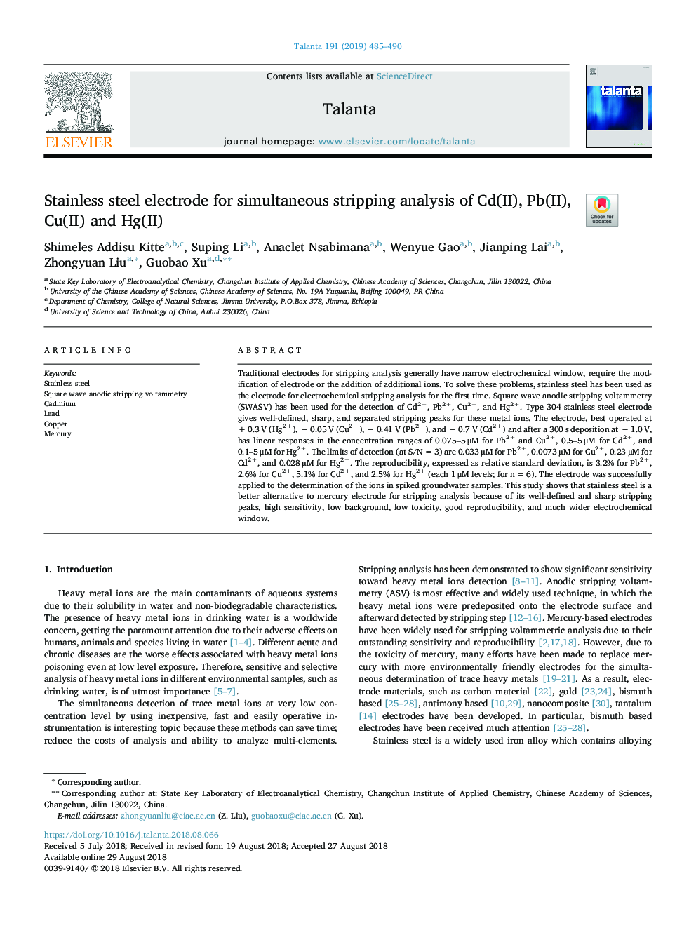 Stainless steel electrode for simultaneous stripping analysis of Cd(II), Pb(II), Cu(II) and Hg(II)