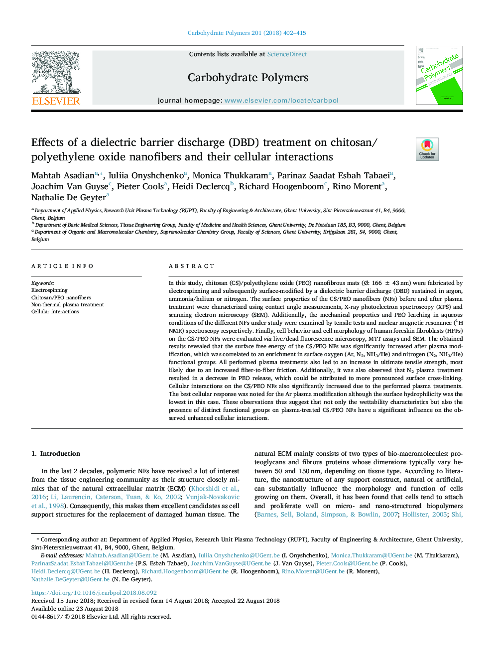 Effects of a dielectric barrier discharge (DBD) treatment on chitosan/polyethylene oxide nanofibers and their cellular interactions