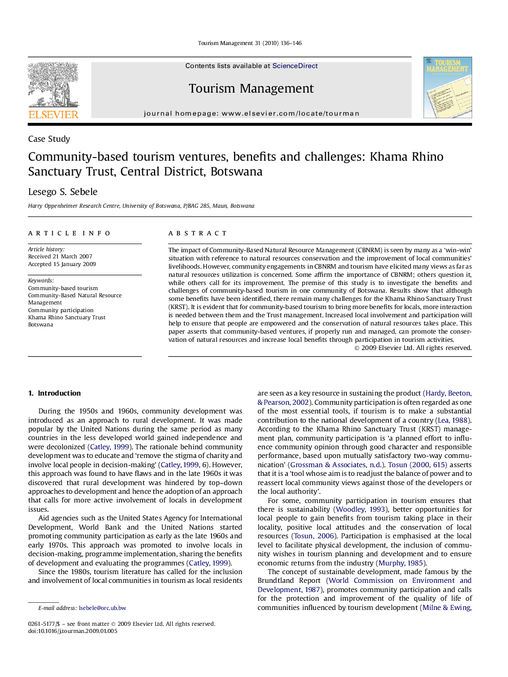 Community-based tourism ventures, benefits and challenges: Khama Rhino Sanctuary Trust, Central District, Botswana