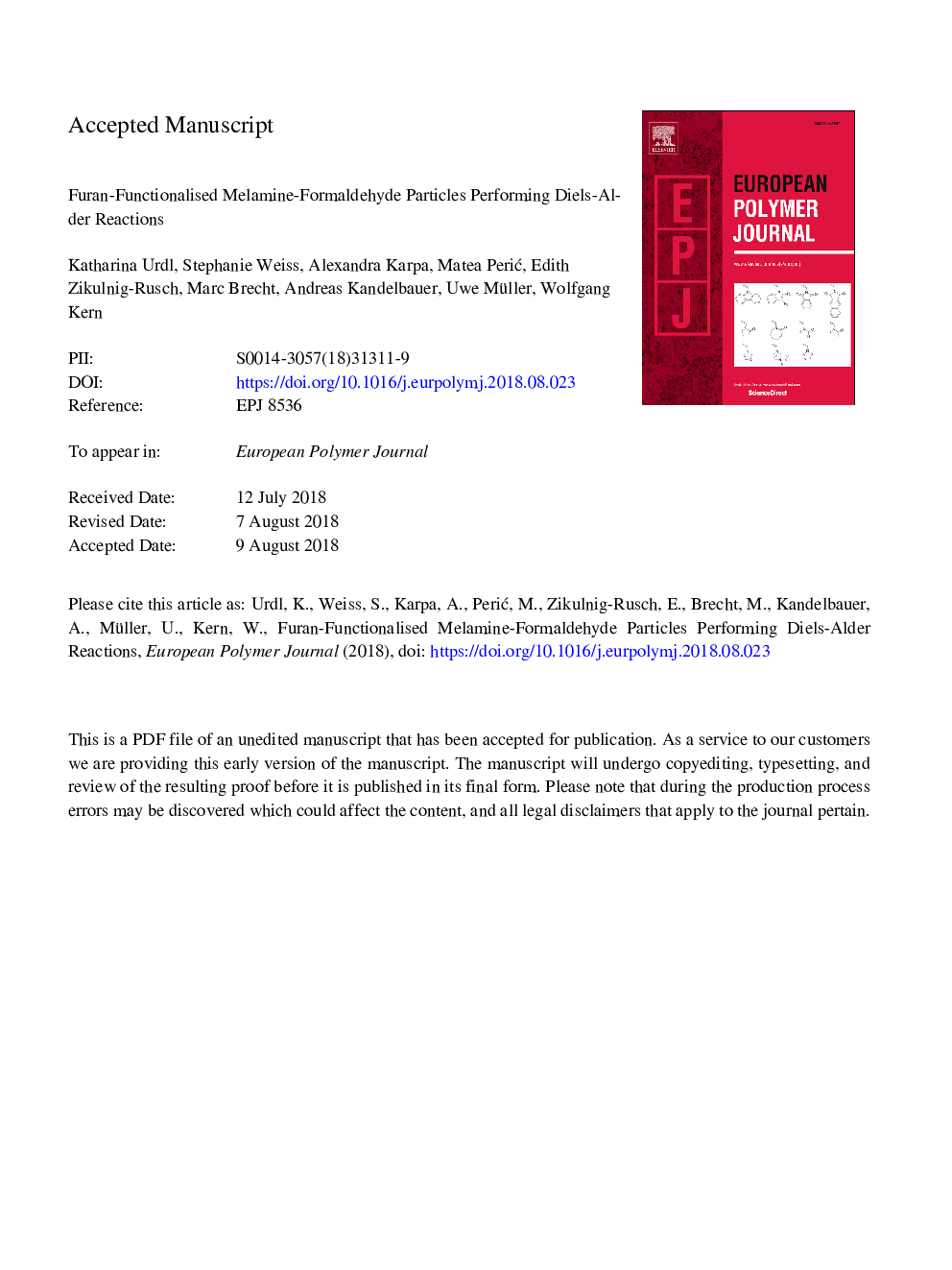 Furan-functionalised melamine-formaldehyde particles performing Diels-Alder reactions