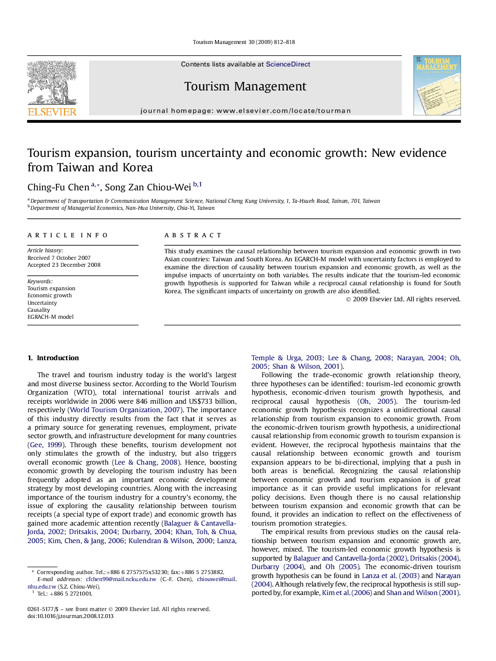 Tourism expansion, tourism uncertainty and economic growth: New evidence from Taiwan and Korea