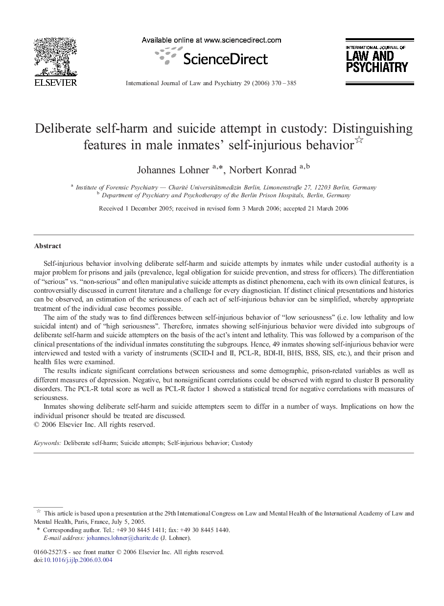 Deliberate self-harm and suicide attempt in custody: Distinguishing features in male inmates' self-injurious behavior 