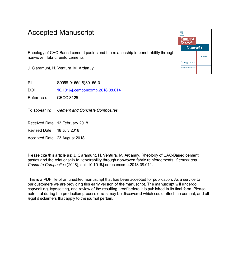 Rheology of CAC-based cement pastes and the relationship to penetrability through nonwoven fabric reinforcements