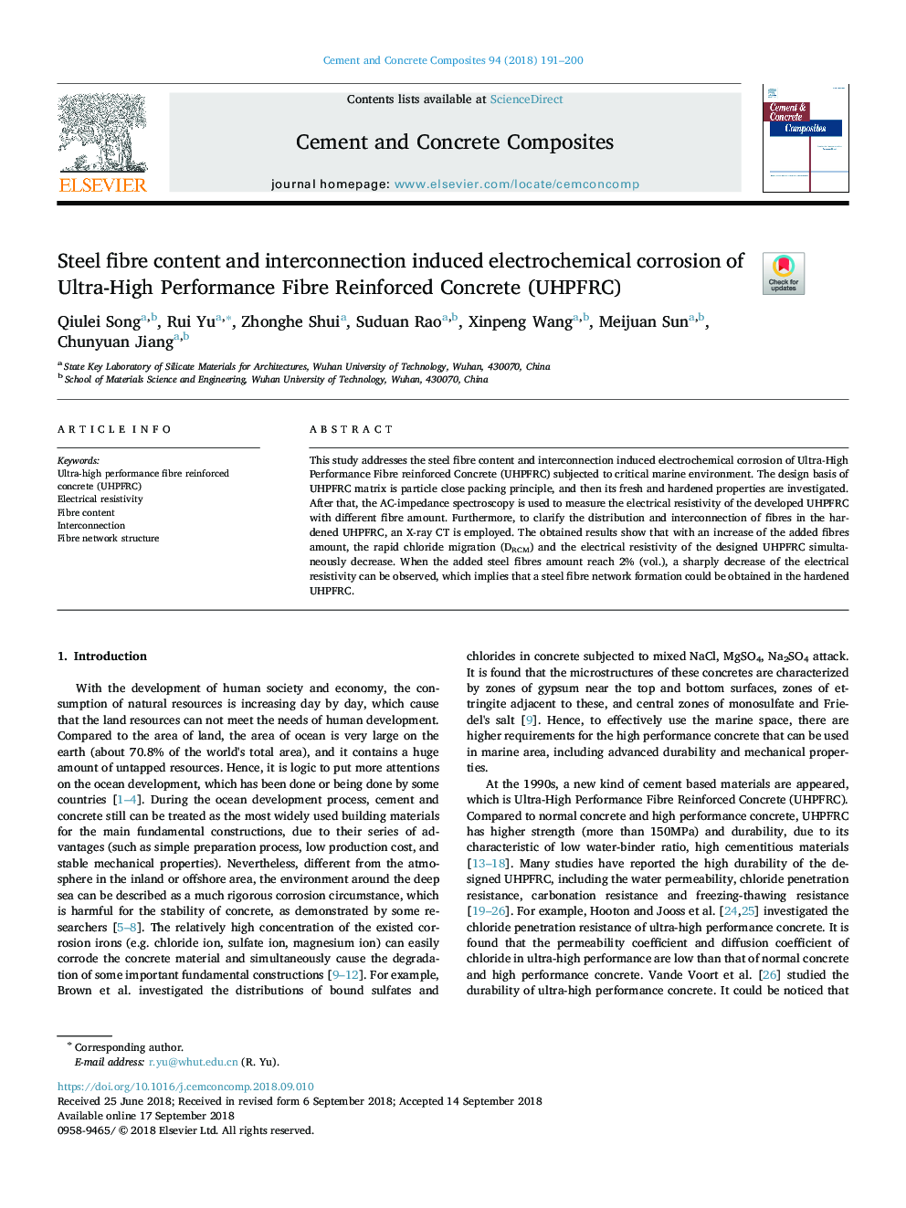 Steel fibre content and interconnection induced electrochemical corrosion of Ultra-High Performance Fibre Reinforced Concrete (UHPFRC)