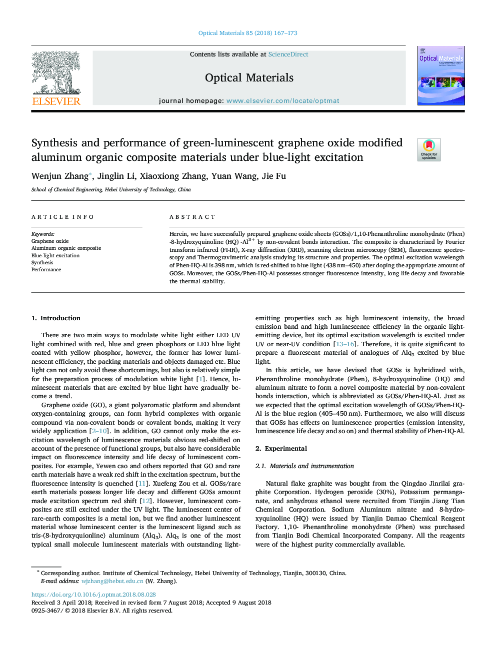 Synthesis and performance of green-luminescent graphene oxide modified aluminum organic composite materials under blue-light excitation