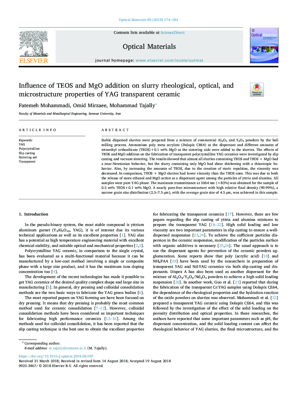 Influence of TEOS and MgO addition on slurry rheological, optical, and microstructure properties of YAG transparent ceramic