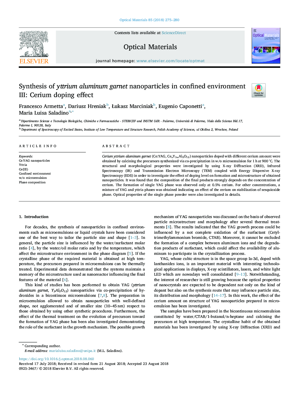 Synthesis of yttrium aluminum garnet nanoparticles in confined environment III: Cerium doping effect