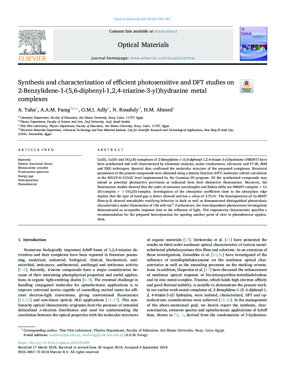 Synthesis and characterization of efficient photosensitive and DFT studies on 2-Benzylidene-1-(5,6-diphenyl-1,2,4-triazine-3-yl)hydrazine metal complexes