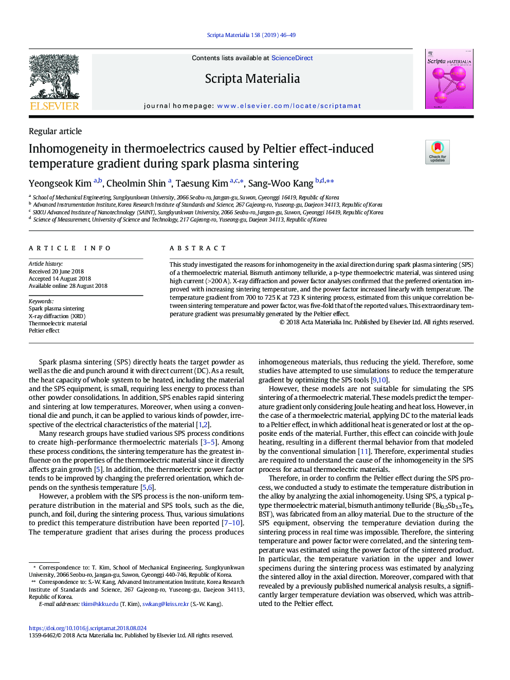 Inhomogeneity in thermoelectrics caused by Peltier effect-induced temperature gradient during spark plasma sintering