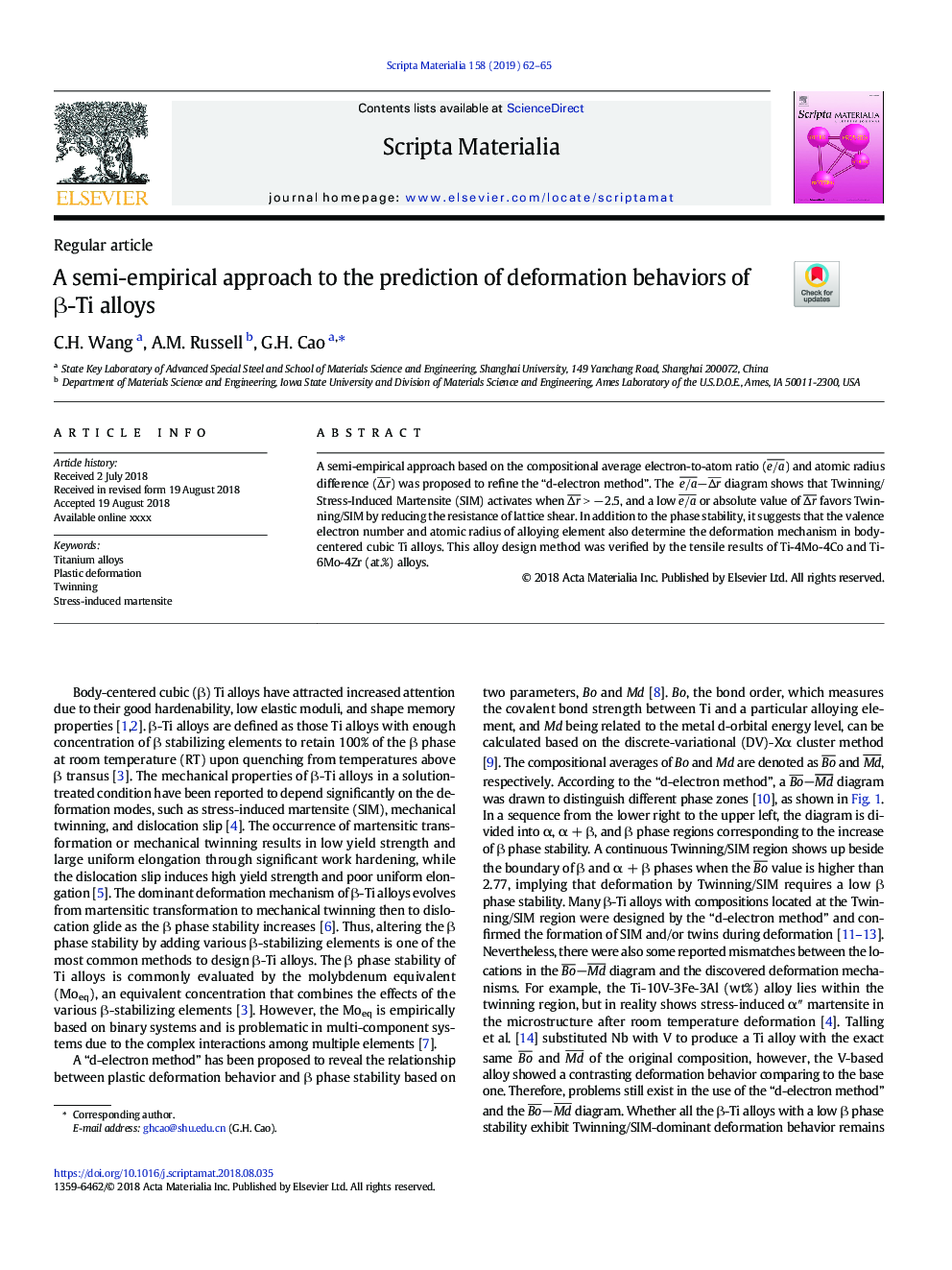 A semi-empirical approach to the prediction of deformation behaviors of Î²-Ti alloys