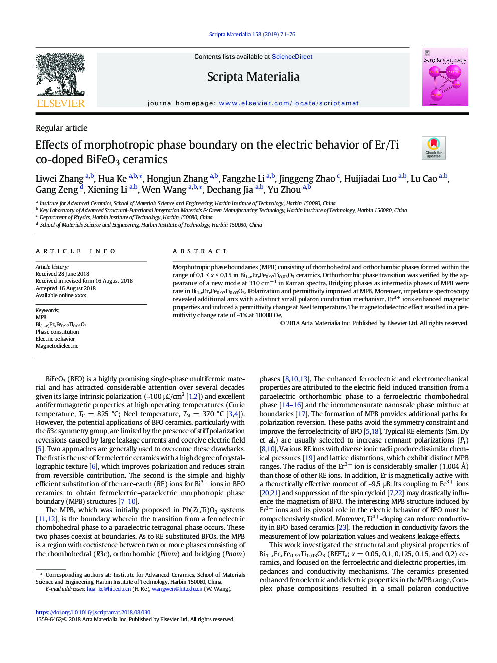 Effects of morphotropic phase boundary on the electric behavior of Er/Ti co-doped BiFeO3 ceramics