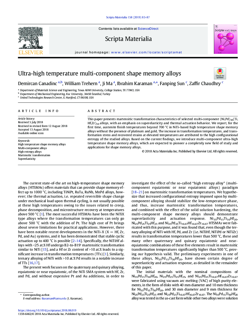 Ultra-high temperature multi-component shape memory alloys