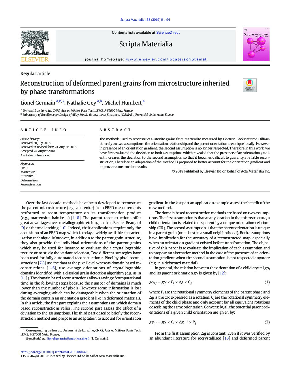 Reconstruction of deformed parent grains from microstructure inherited by phase transformations