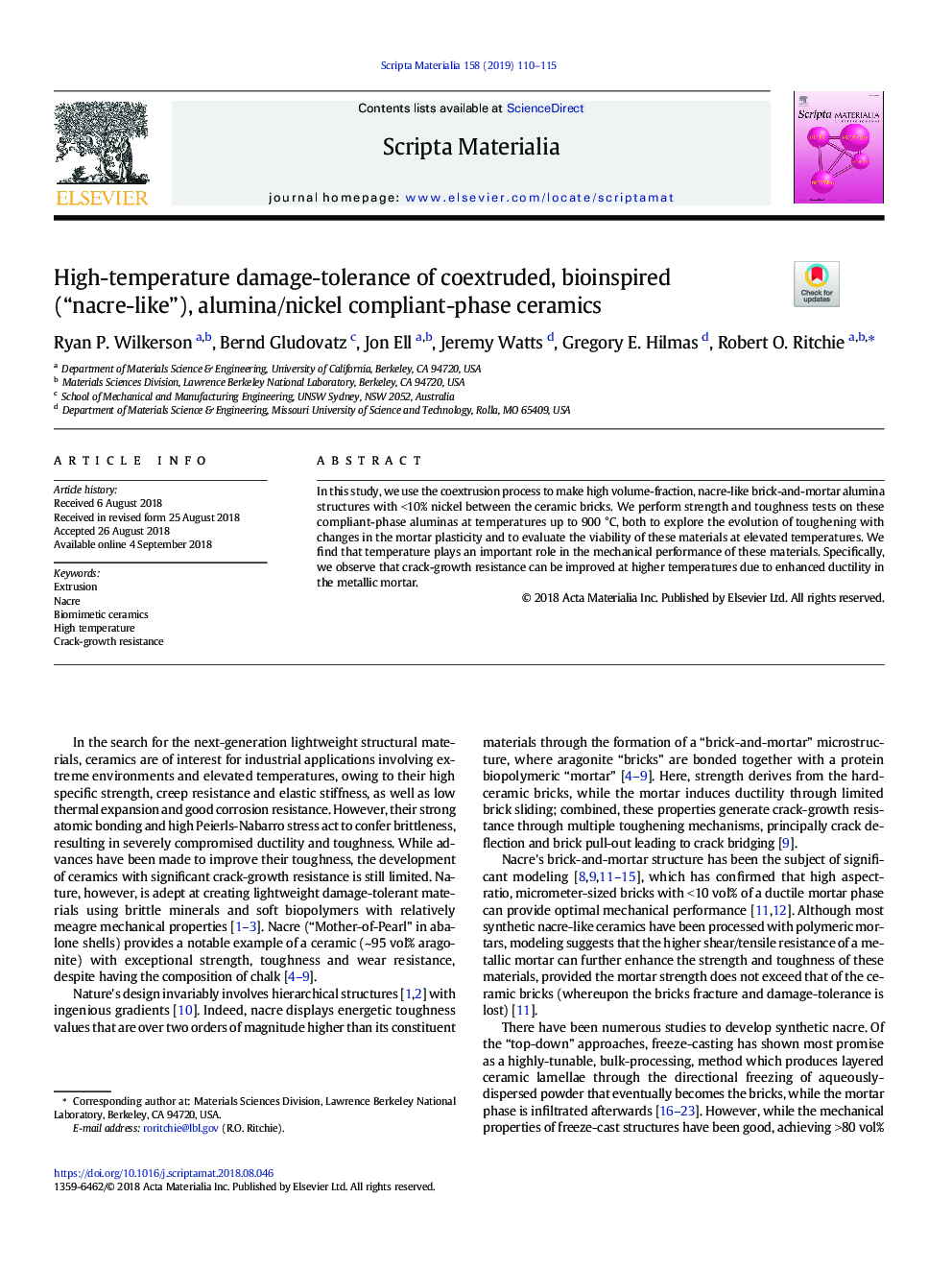 High-temperature damage-tolerance of coextruded, bioinspired (“nacre-like”), alumina/nickel compliant-phase ceramics