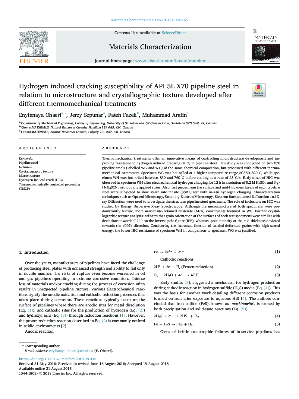 Hydrogen induced cracking susceptibility of API 5L X70 pipeline steel in relation to microstructure and crystallographic texture developed after different thermomechanical treatments