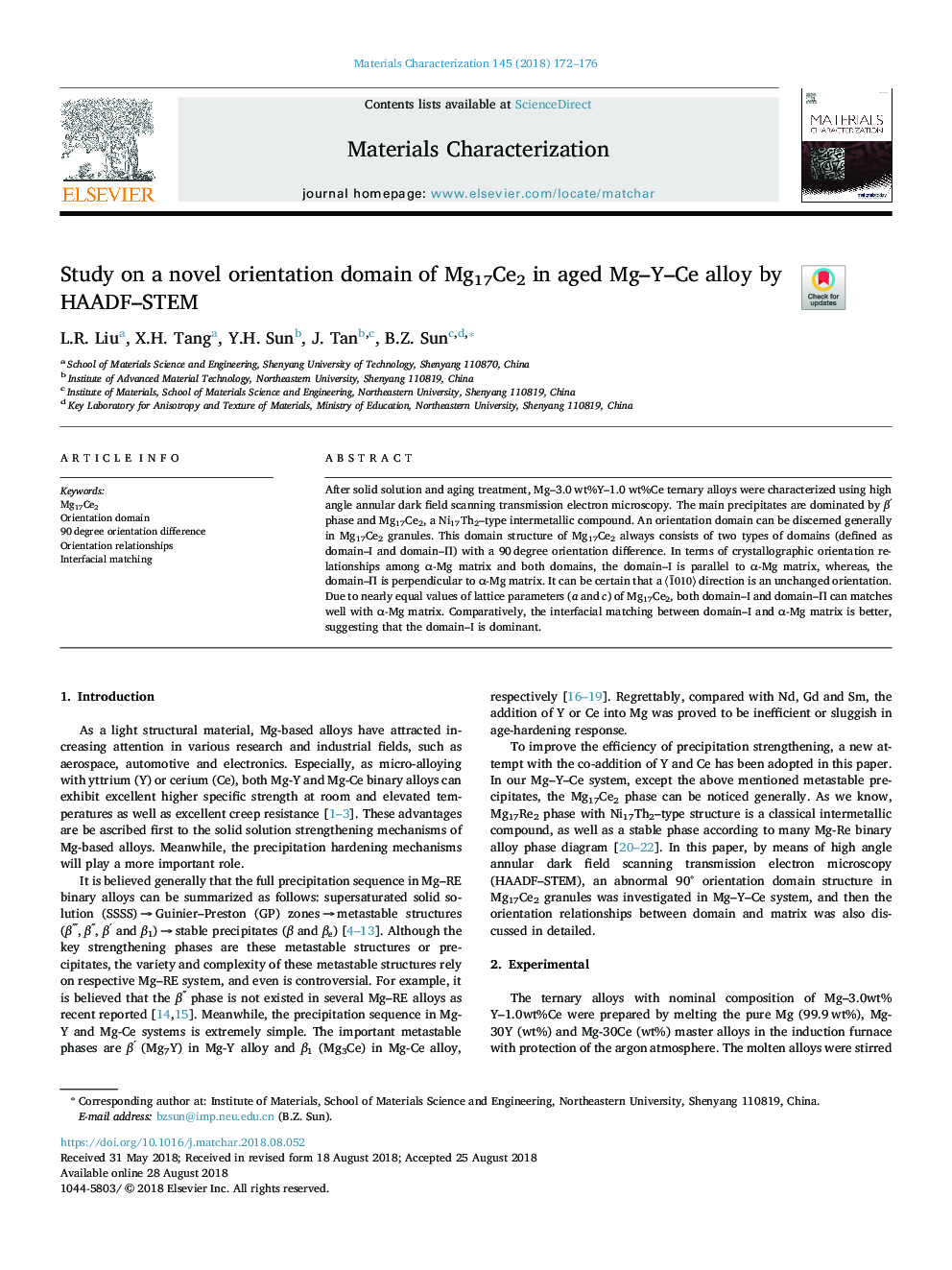 Study on a novel orientation domain of Mg17Ce2 in aged Mg-Y-Ce alloy by HAADF-STEM