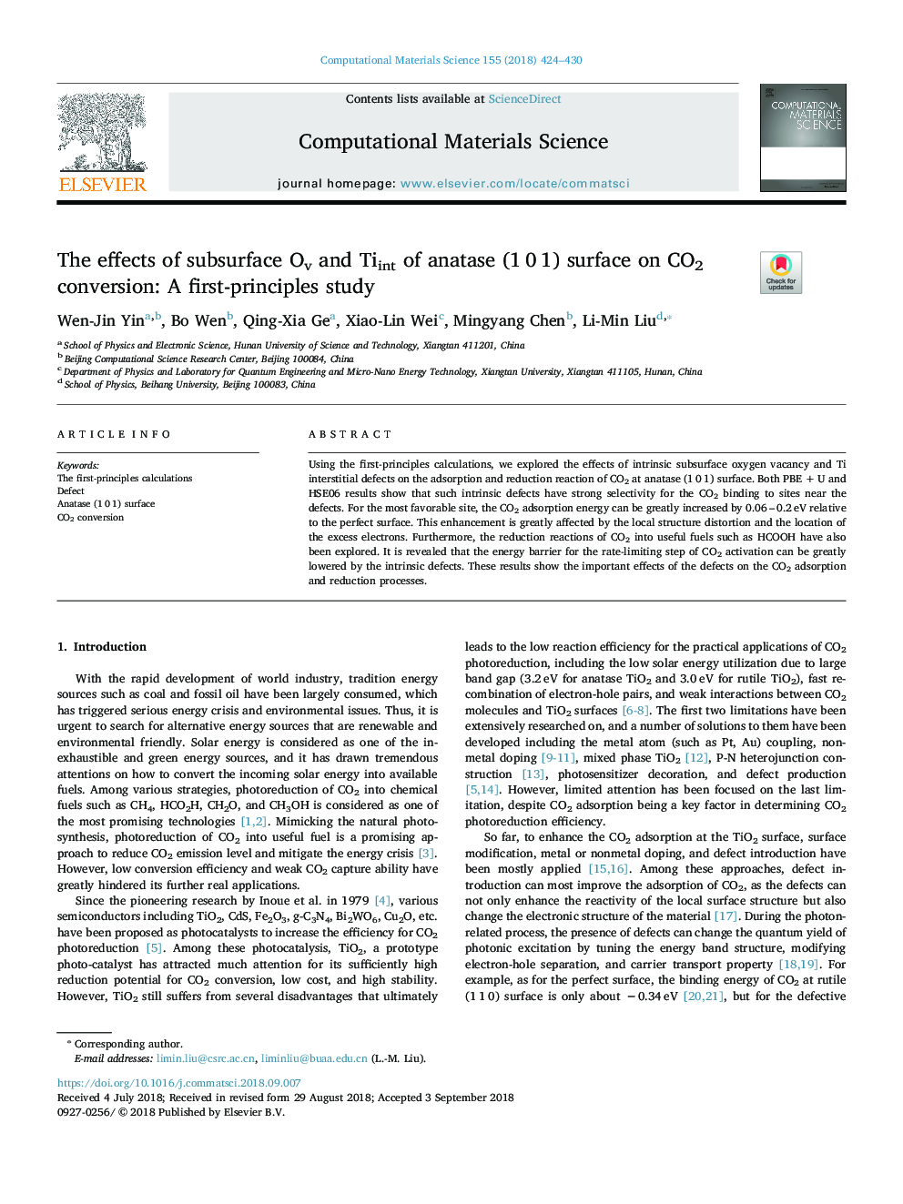 The effects of subsurface Ov and Tiint of anatase (1â¯0â¯1) surface on CO2 conversion: A first-principles study