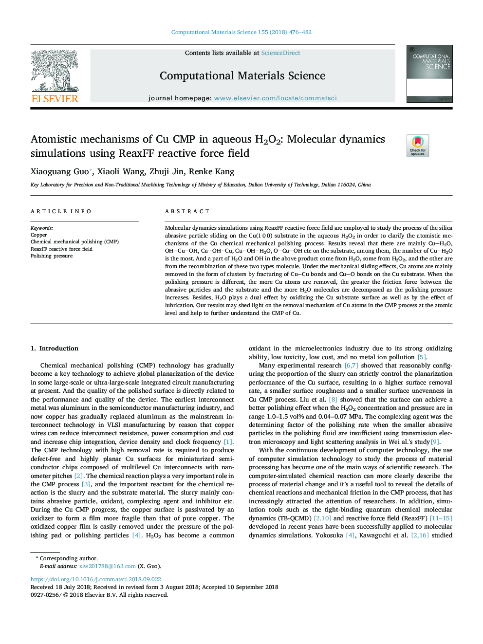 Atomistic mechanisms of Cu CMP in aqueous H2O2: Molecular dynamics simulations using ReaxFF reactive force field