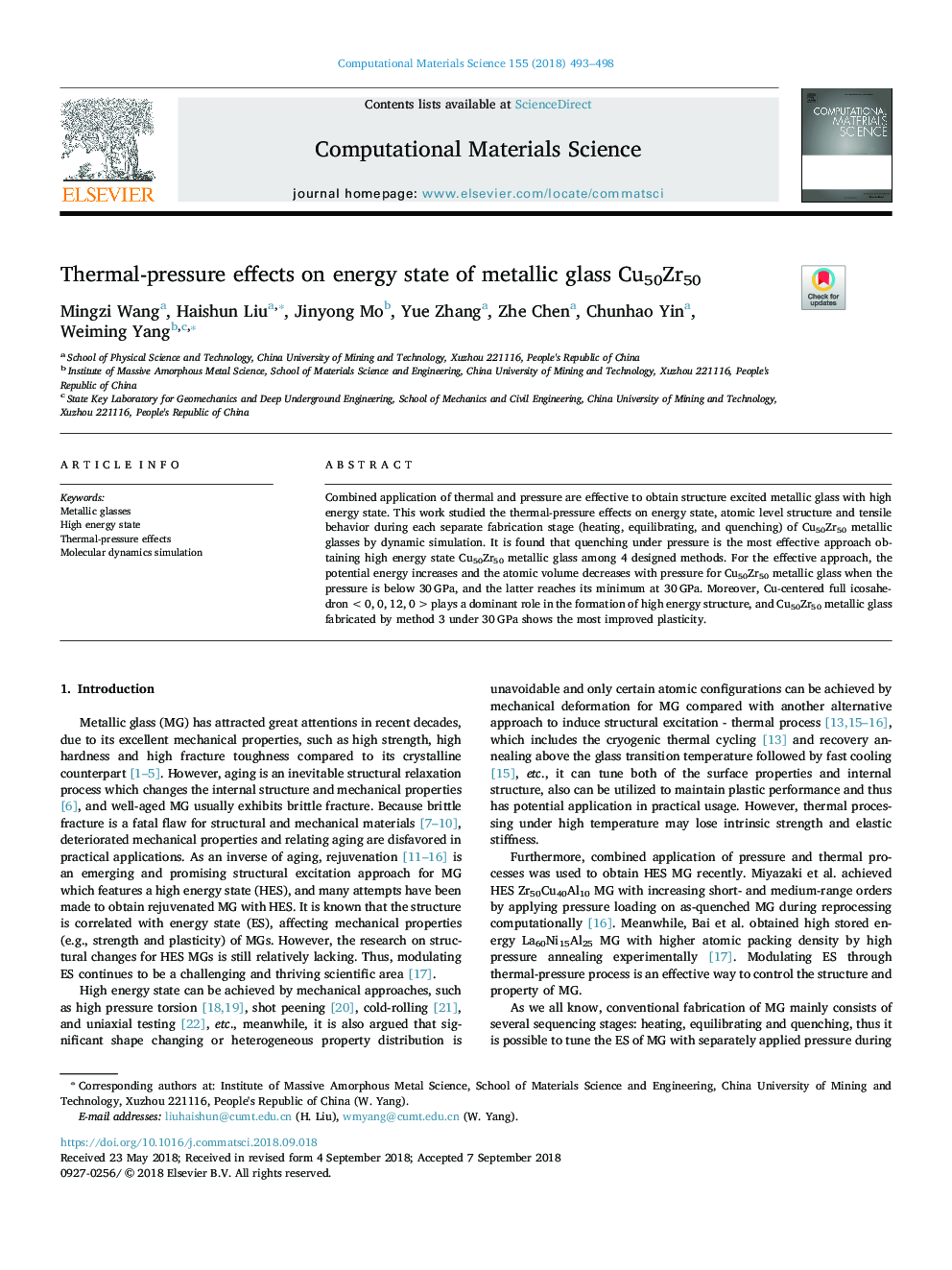 Thermal-pressure effects on energy state of metallic glass Cu50Zr50