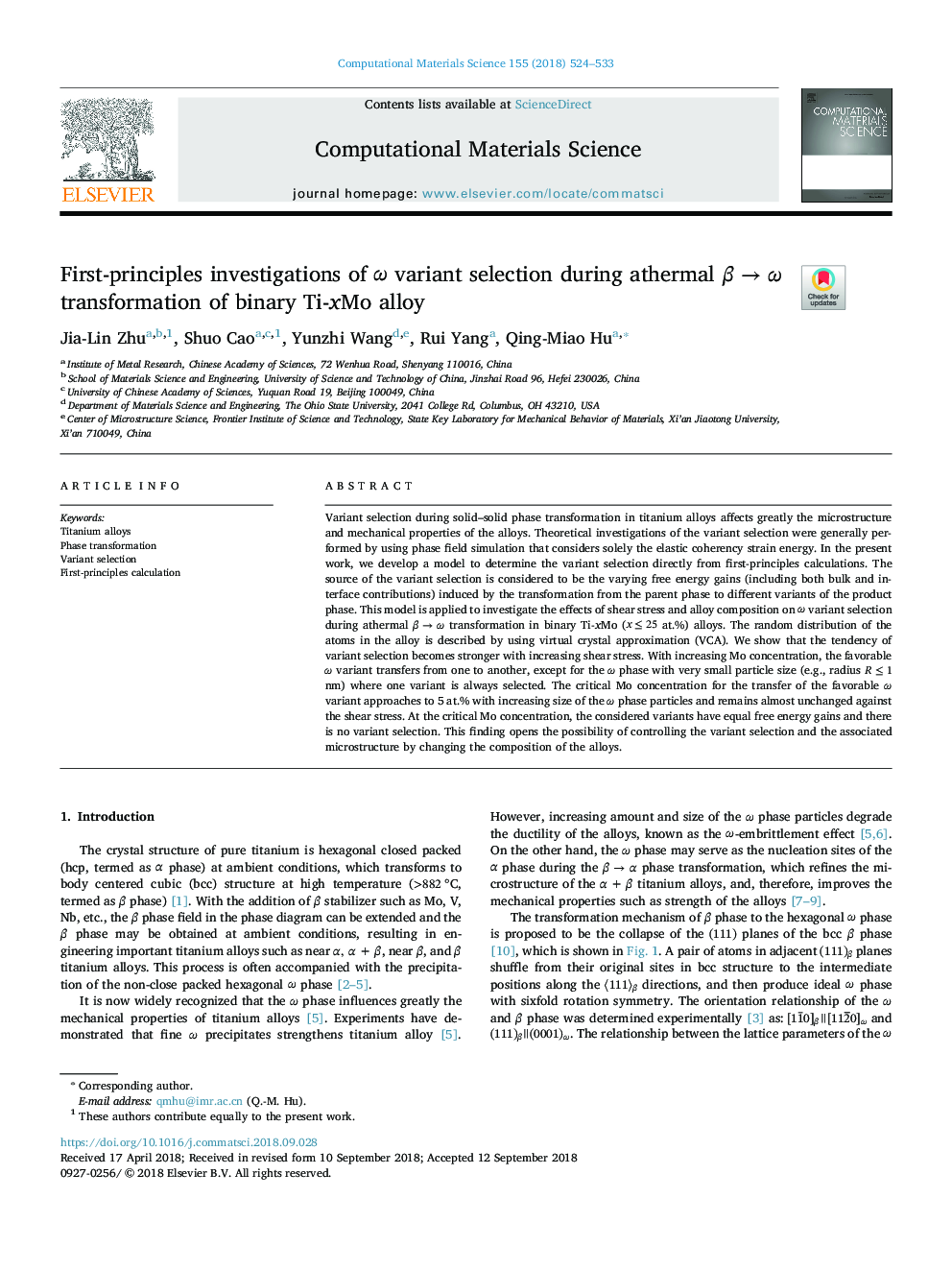 First-principles investigations of Ï variant selection during athermal Î²âÏ transformation of binary Ti-xMo alloy