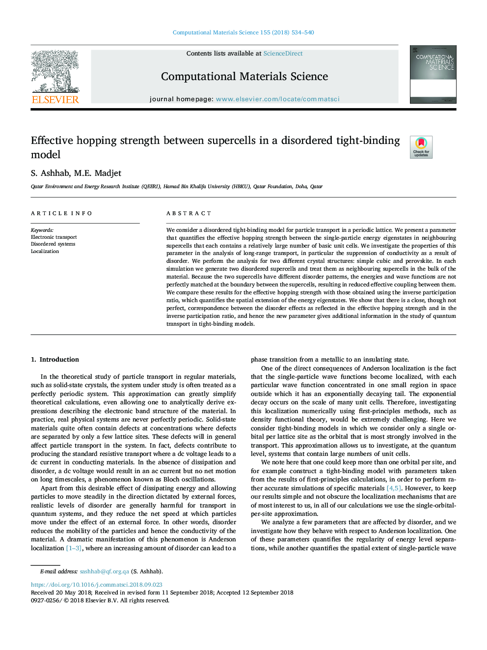 Effective hopping strength between supercells in a disordered tight-binding model