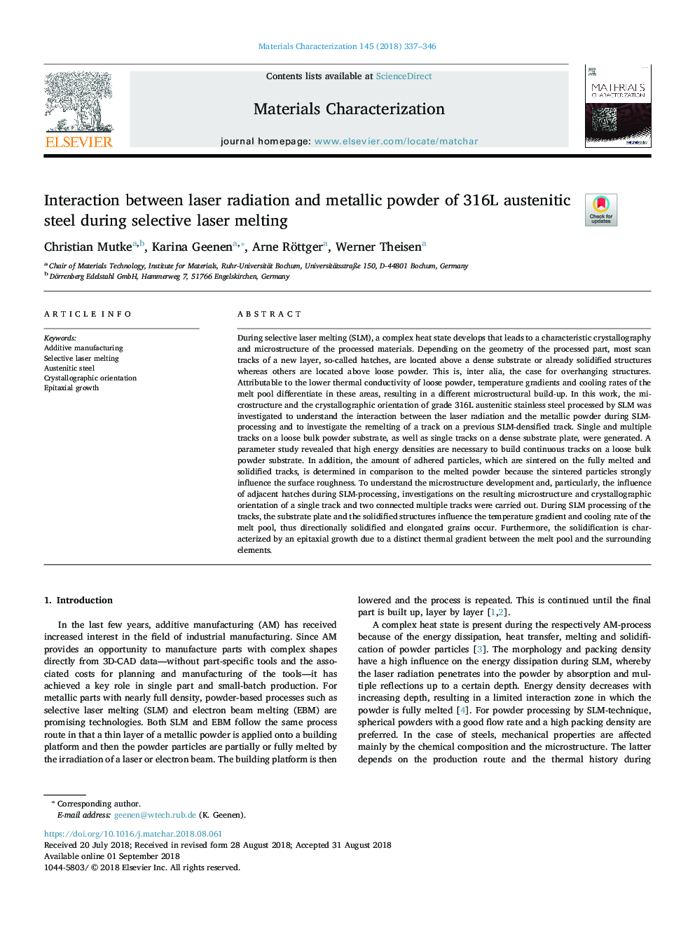 Interaction between laser radiation and metallic powder of 316L austenitic steel during selective laser melting