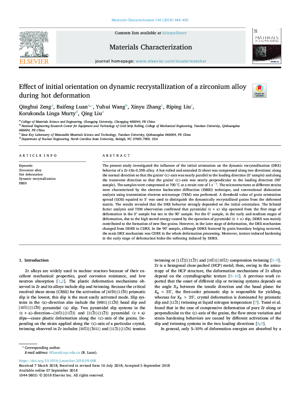 Effect of initial orientation on dynamic recrystallization of a zirconium alloy during hot deformation