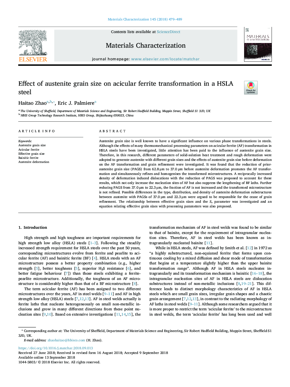 Effect of austenite grain size on acicular ferrite transformation in a HSLA steel