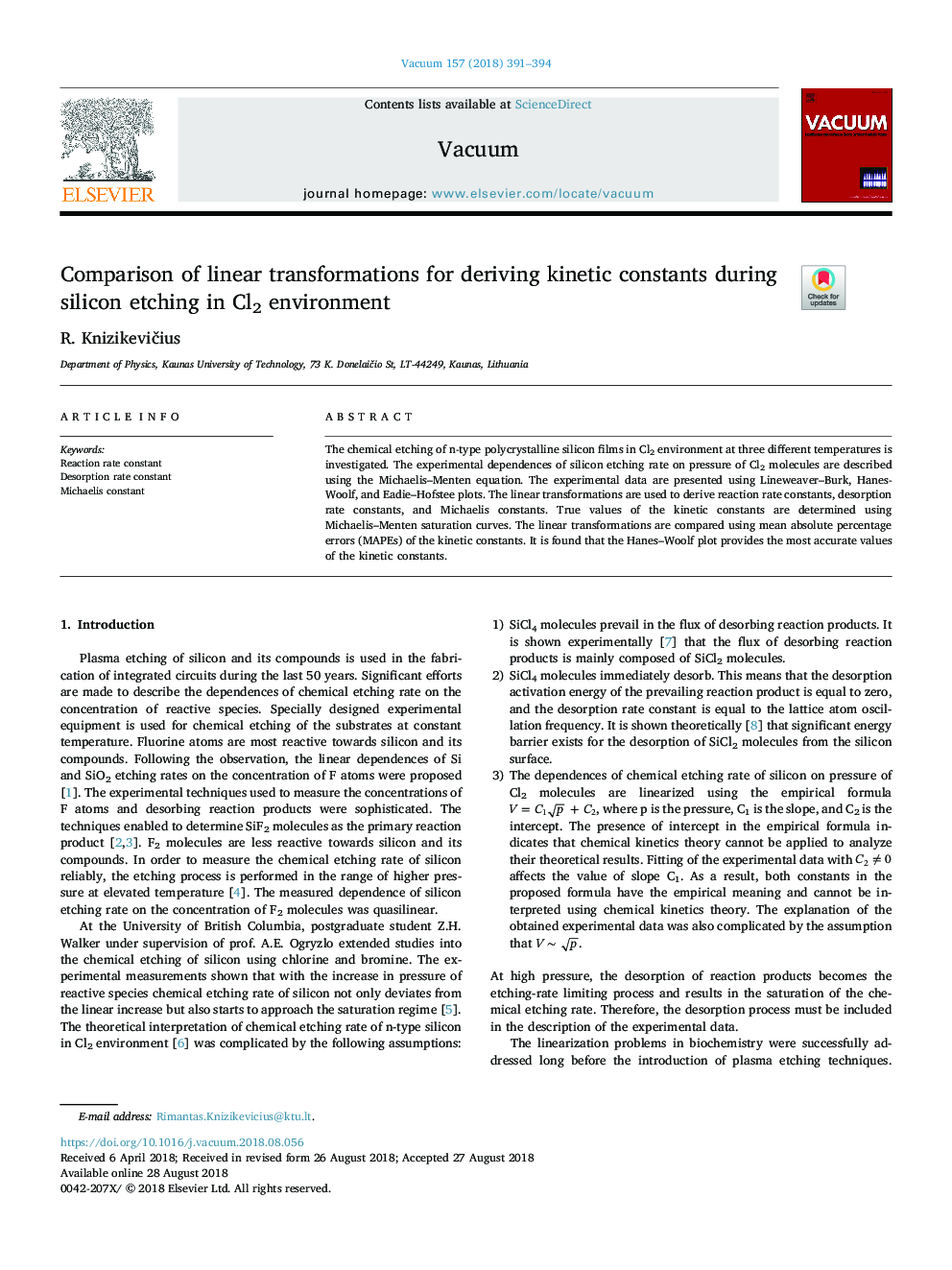 Comparison of linear transformations for deriving kinetic constants during silicon etching in Cl2 environment